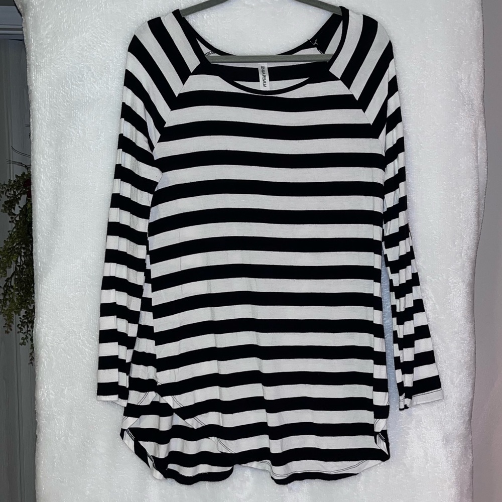 Zenana Premium Stripped Tunic with Brown Elbow Patches